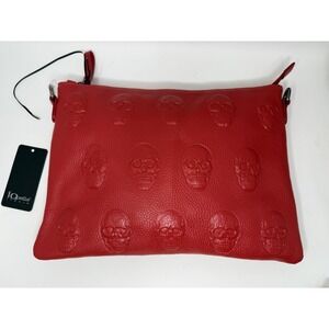 IO Pelle Italia Leather Mousse Rouge Red Embossed Skull Crossbody Bag NWT